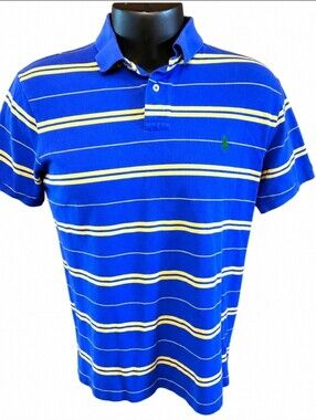 Polo Ralph Lauren Blue Yellow Striped Short Sleeve Polo Shirt Men's Size Large